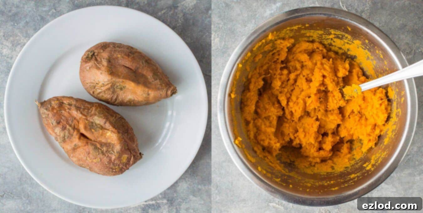 Two cooked sweet potatoes, whole and unmashed, ready for preparation.