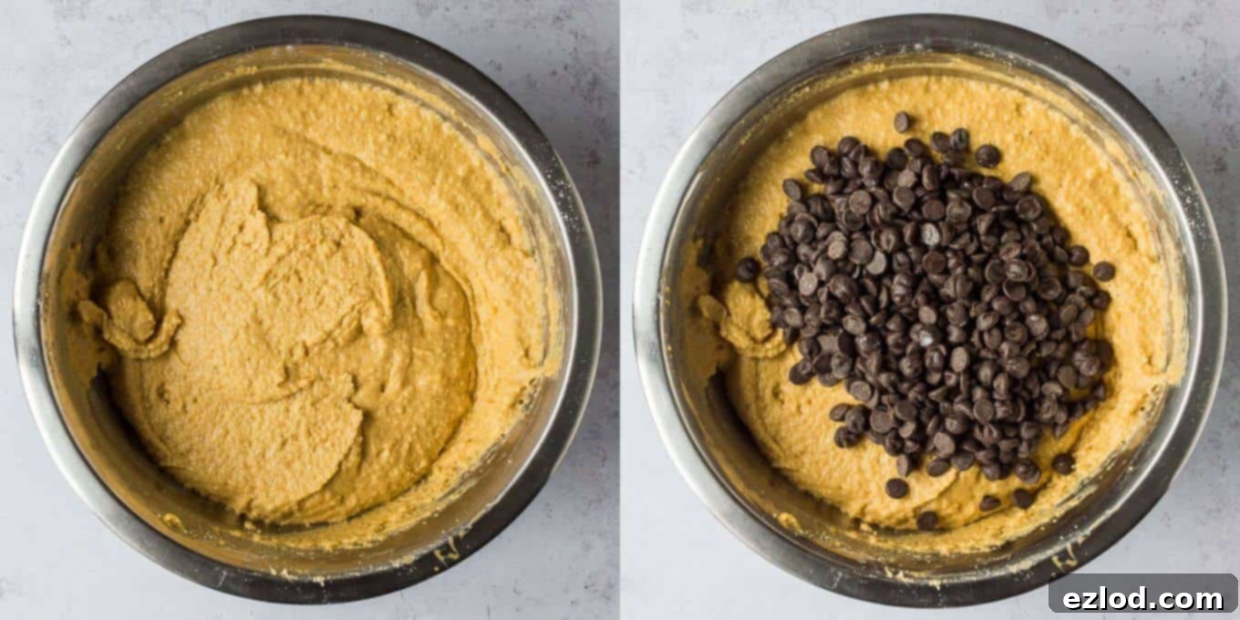 Step 3: The thick cake batter, with chocolate chips folded in, ready to be transferred to a baking tin.