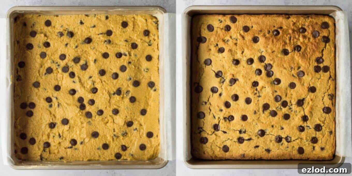 Step 4: The sweet potato chocolate chip cake baking in a square tin, starting to turn golden brown.