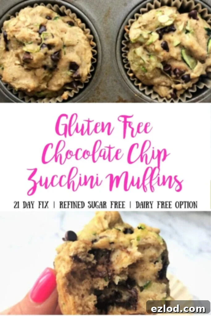 Three part photo collage. Top photo is close up of two muffins still in the tin with liners, Bottom photo is a close up of a hand holding a muffin. In the middle is a text box- Gluten Free Chocolate Chip Zucchini Muffins | 21 Day Fix | Refined Sugar Free | Dairy Free Option
