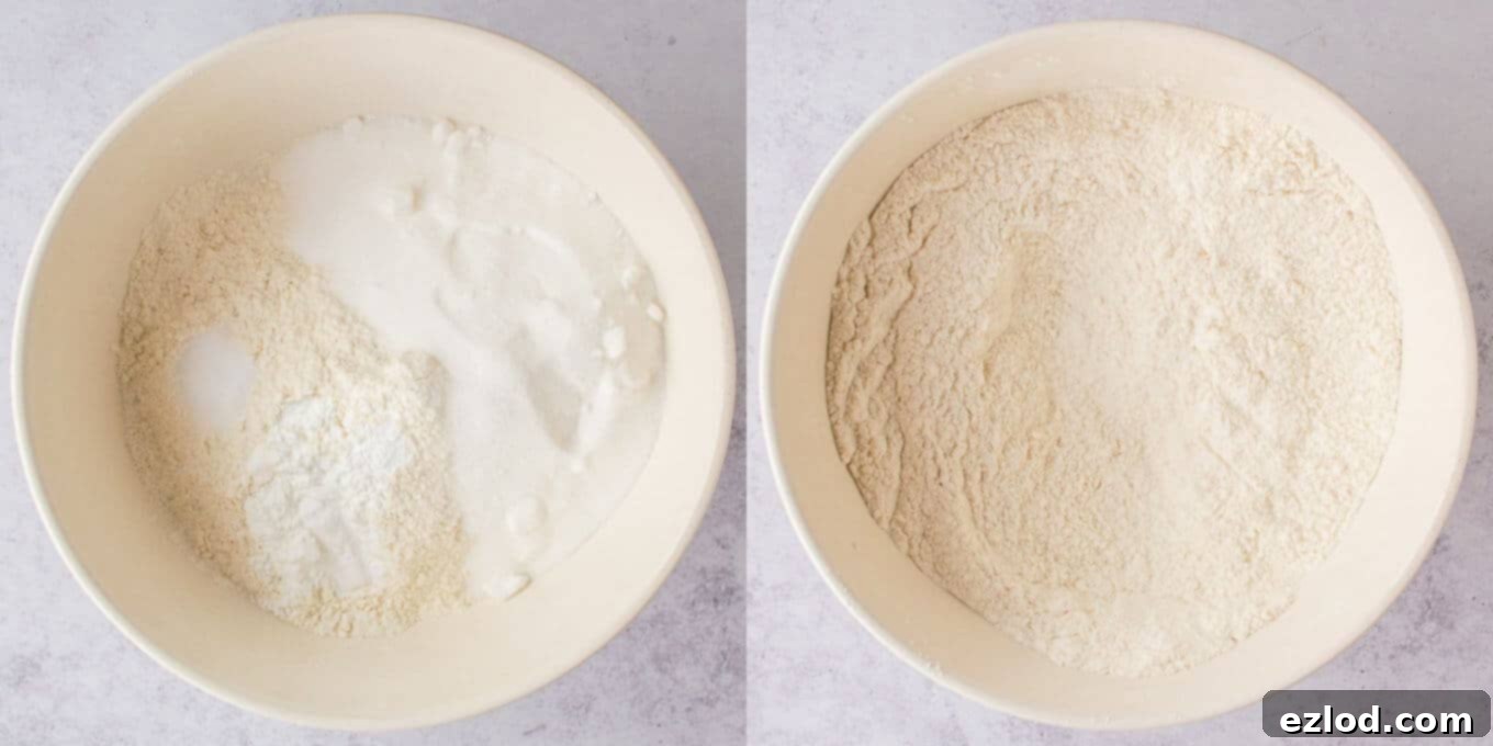 A close-up shot shows a large white bowl filled with dry ingredients for a cake, being whisked by a hand holding a balloon whisk. The flour, sugar, and leavening agents are visibly combining.