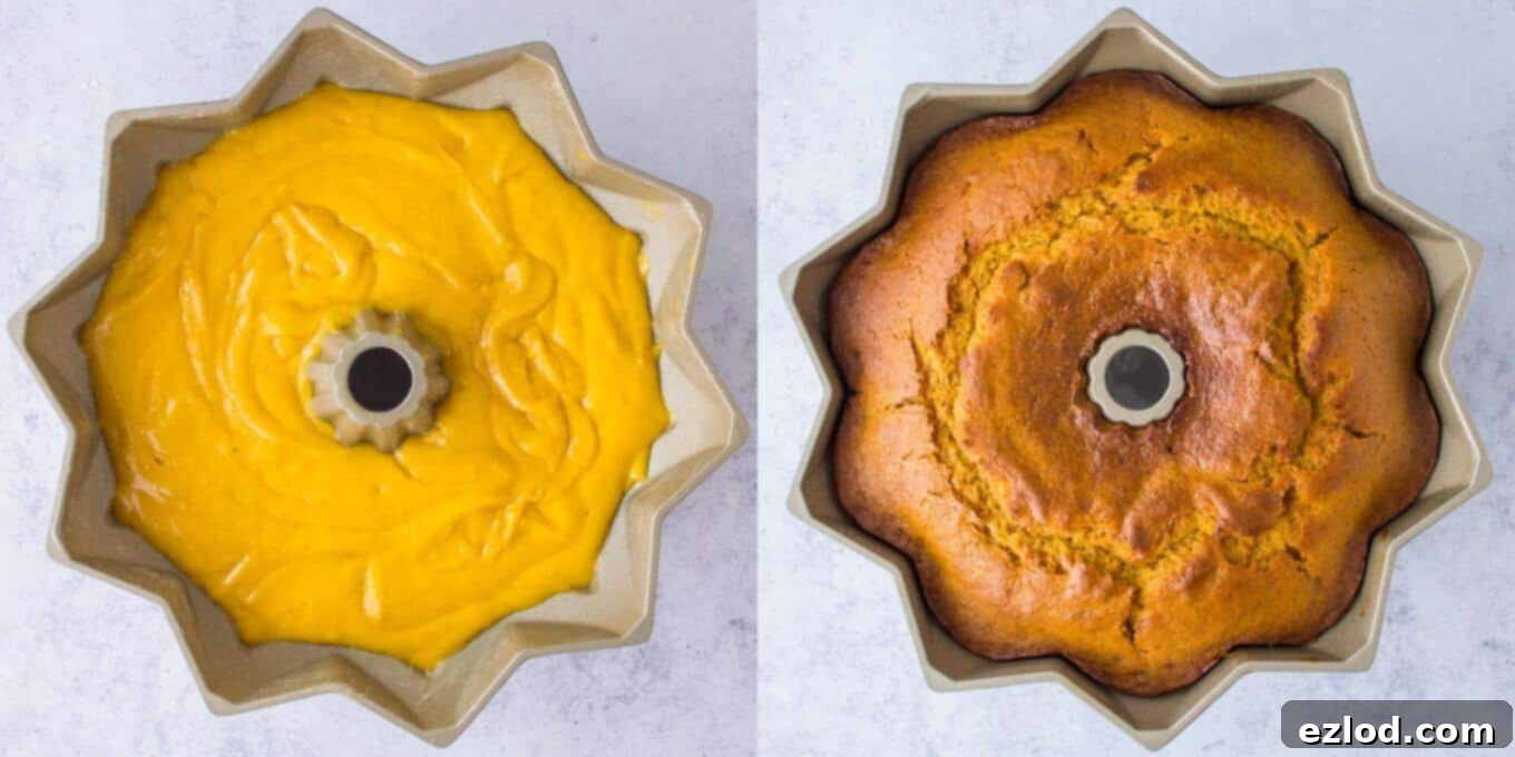 A delicious vegan mango bundt cake baking in a bundt tin, visible inside an oven. The cake has risen beautifully and is acquiring a golden-brown crust, indicating it's nearing perfection.