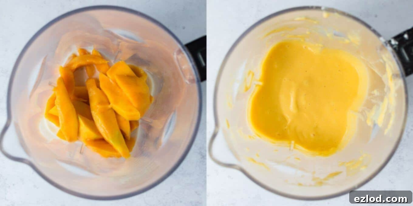 Step 1 in making vegan mango curd: Blending fresh mango, coconut milk, sugar, cornflour, lime juice, and salt in a blender until very smooth, creating a vibrant yellow liquid.