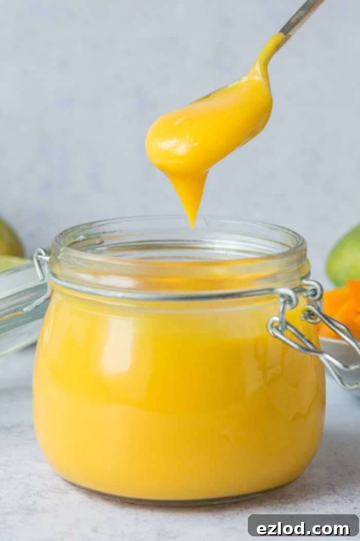 A spoon being gracefully dipped into a jar of perfectly set, creamy vegan mango curd, showcasing its thick, luxurious texture and readiness for enjoyment.