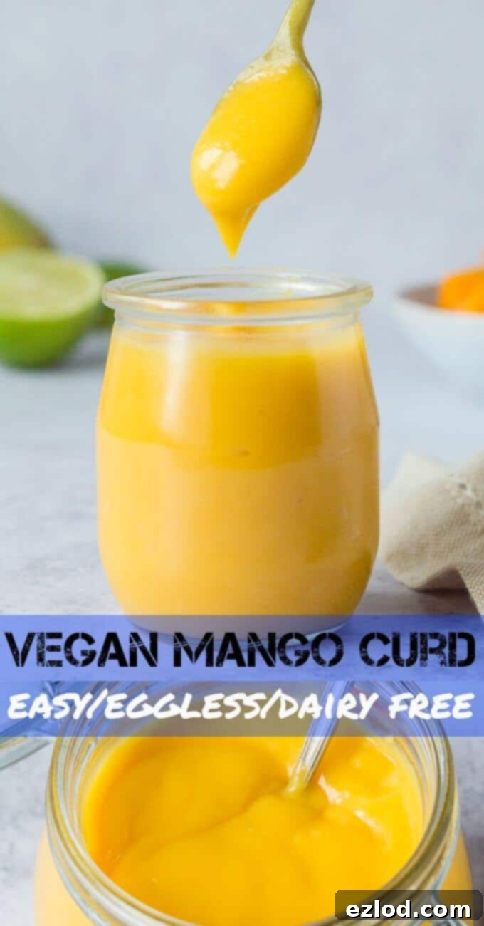 Close-up of a beautifully vibrant vegan mango curd, highlighting its smooth, glossy texture and inviting golden color, ready to be enjoyed.