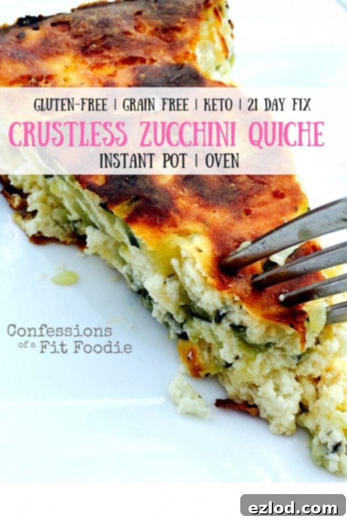 Crustless zucchini quiche is the perfect 21 Day Fix recipe for breakfast, brunch, lunch, or a light dinner! Fluffy eggs, 2 kinds of cheese, onion, and fresh garden zucchini are baked together in this healthy meal.