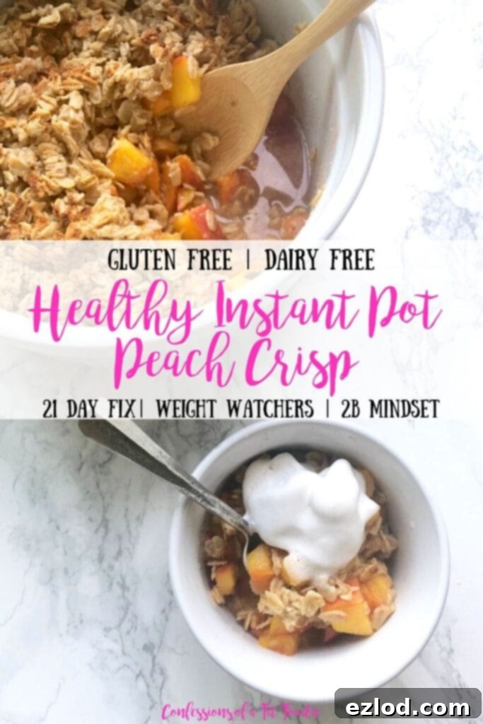 This Instant Pot Peach Crisp is the perfect end of summer healthy dessert. Gluten, dairy, and refined sugar free, you can even eat this Peach Crisp for breakfast if you want I want)! The perfect dessert for the 21 Day Fix, 2B Mindset, or Weight Watcher! Instant Pot Peach Crisp | Healthy Peach Crisp | Gluten free Peach Crisp | Gluten and Dairy Free Peach Crisp | 21 Day Fix Peach Crisp #confessionsofafitfoodie #21dayfix #healthyinstantpotrecipes