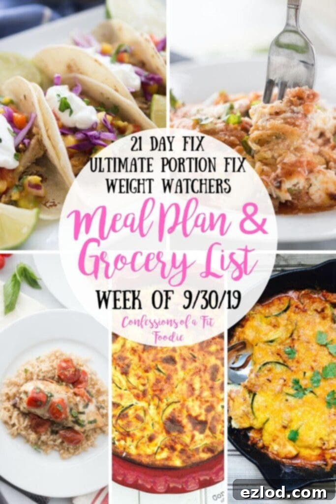 Food picture collage with text overlay- 21 Day Fix, Ultimate Portion Fix, Weight Watchers | Meal Plan & Grocery List | Week of 9/30/19 | Confessions of a Fit Foodie