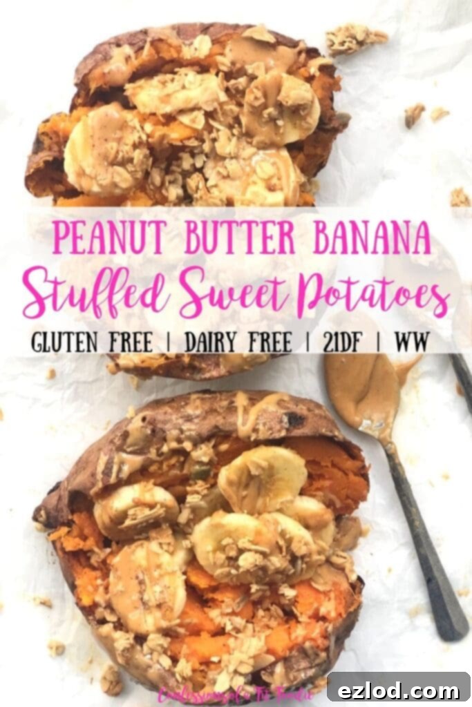 A Pinterest image of Peanut Butter Banana Stuffed Sweet Potatoes