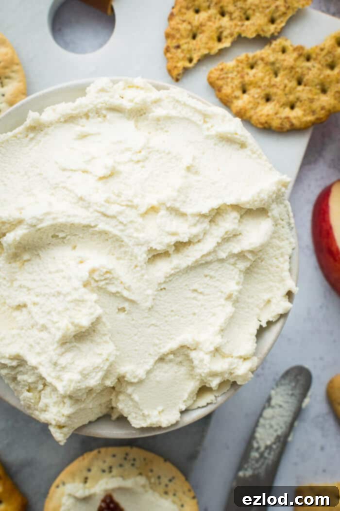 close up of a bowlful of feta style vegan almond cream cheese.