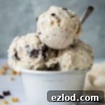 Vegan Chunky Monkey Ice Cream: Banana, Chocolate, and Walnuts 6 Three scoops of vegan banana ice cream with chocolate and walnuts in a metal dish.