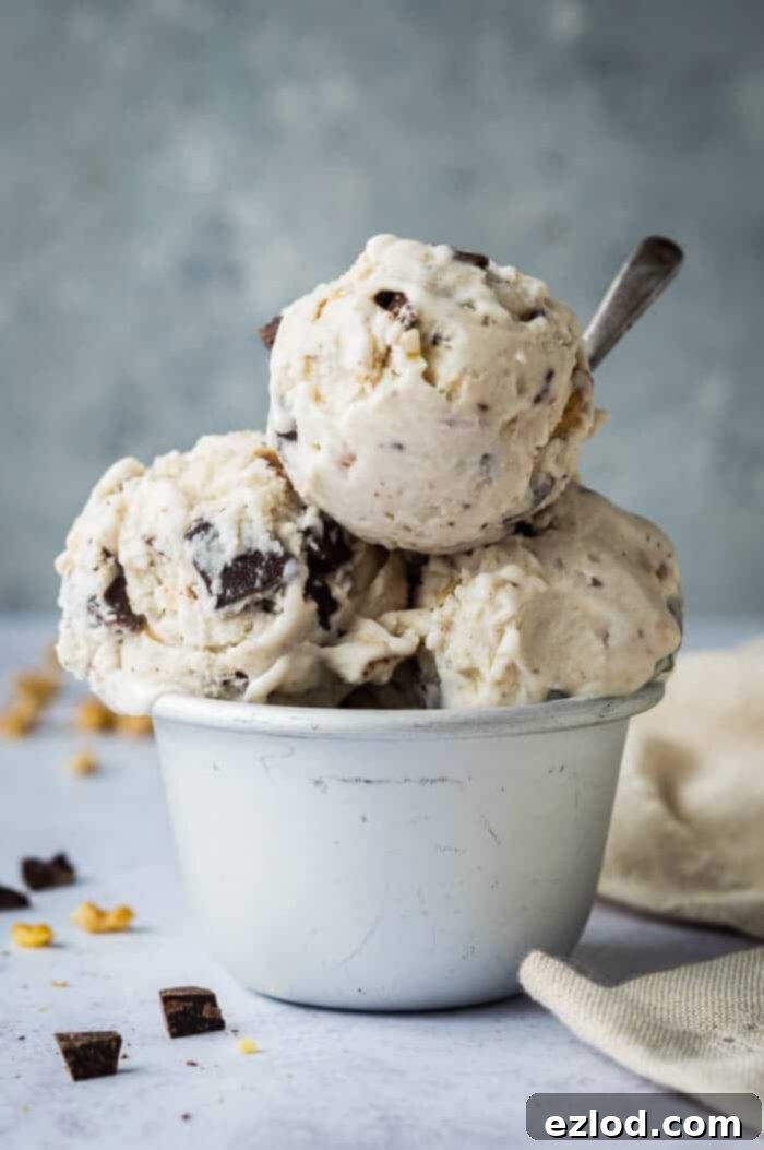 Three scoops of vegan banana ice cream with chocolate and walnuts in a metal dish.