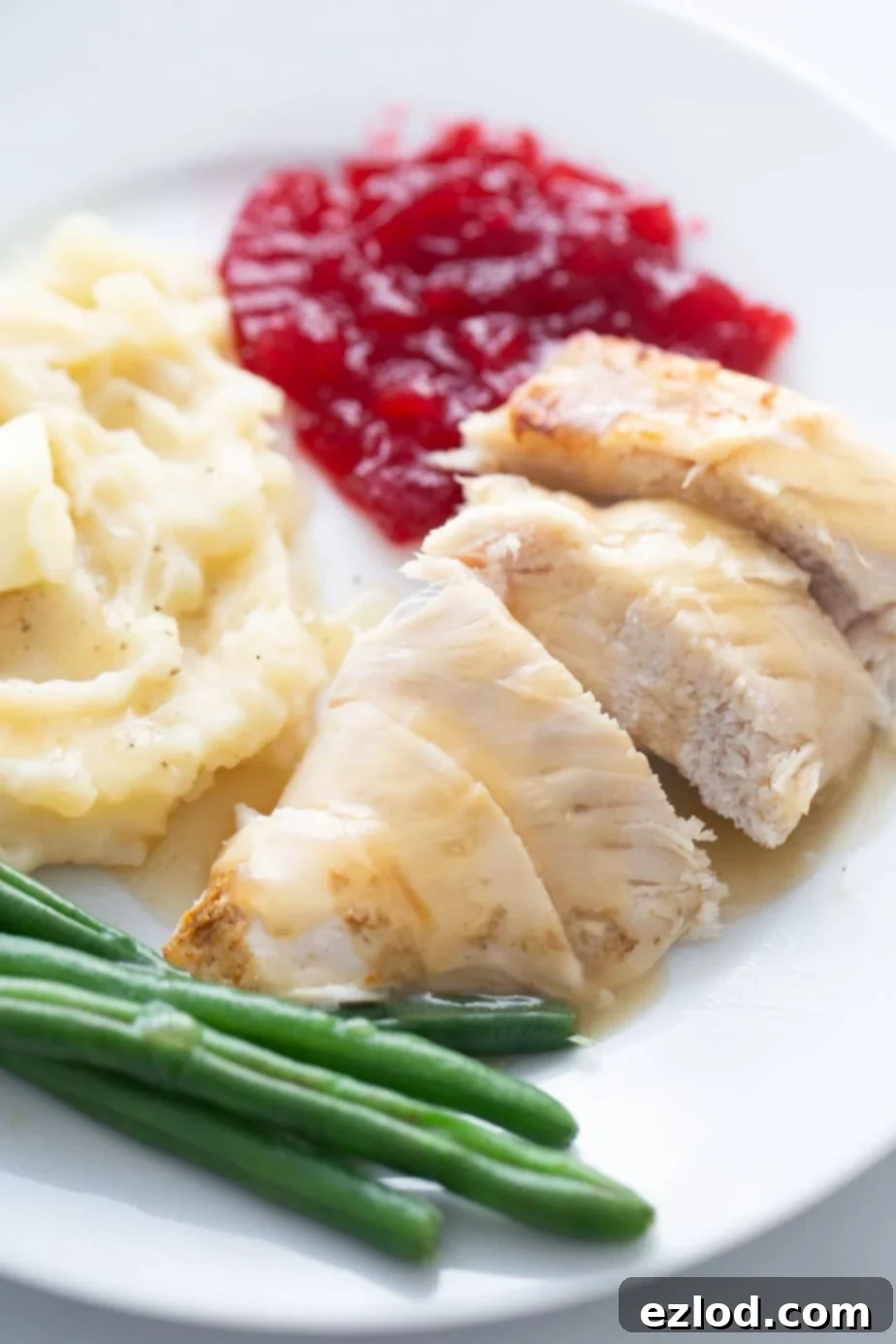 Close up photo of a white plate with sliced turkey breast, green beans, mashed potatoes, and cranberry sauce, arranged for a Thanksgiving meal.