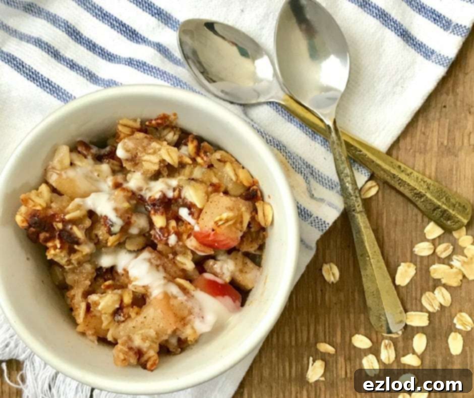 Overhead image: individual bowl of apple crisp with spoons next to the bowl, ready to be enjoyed.