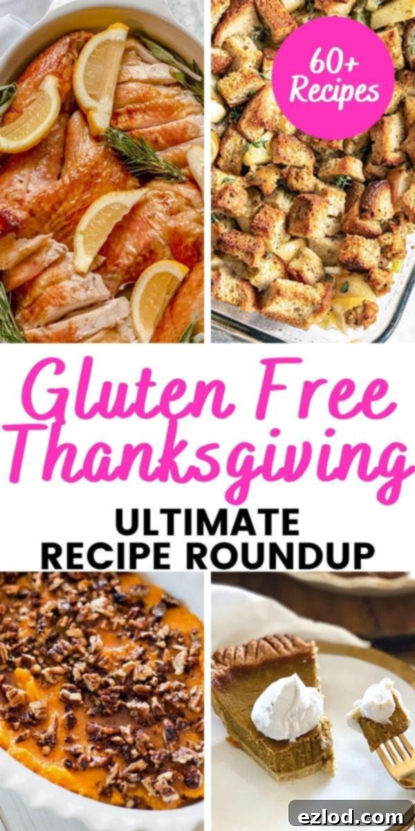 Food photo collage with pink and black text on a white background - Gluten Free Thanksgiving | Ultimate Recipe Roundup, featuring various holiday dishes.