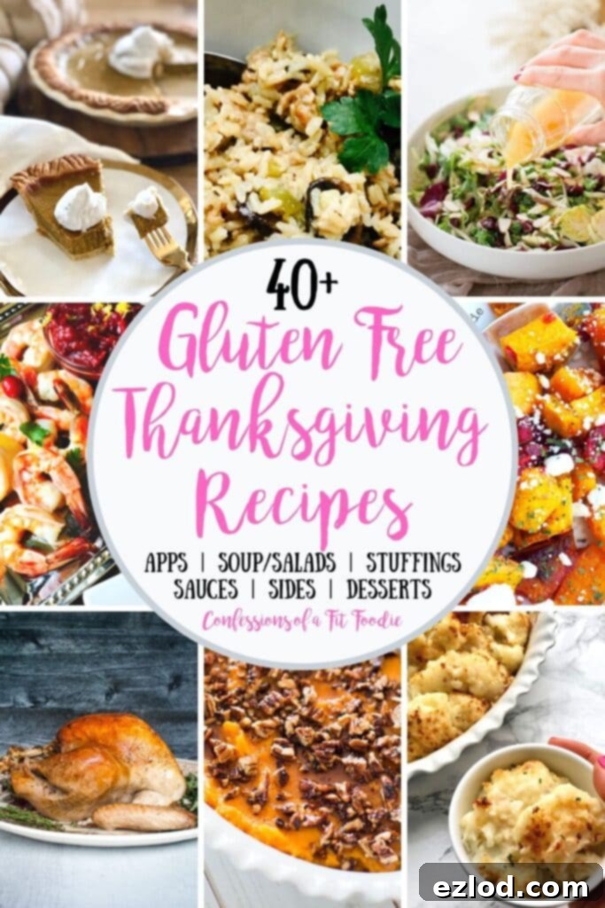 Food photo collage with pink and black text on a white circle - Gluten Free Thanksgiving Recipes, highlighting various dishes.