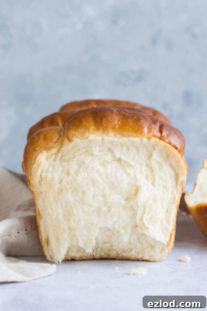 A freshly baked loaf of vegan Hokkaido milk bread with a piece torn off, revealing its soft, fluffy interior.