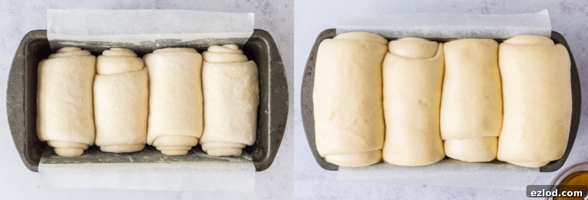 A side-by-side comparison showing the vegan Hokkaido milk bread loaf before and after its significant second rise in the tin.