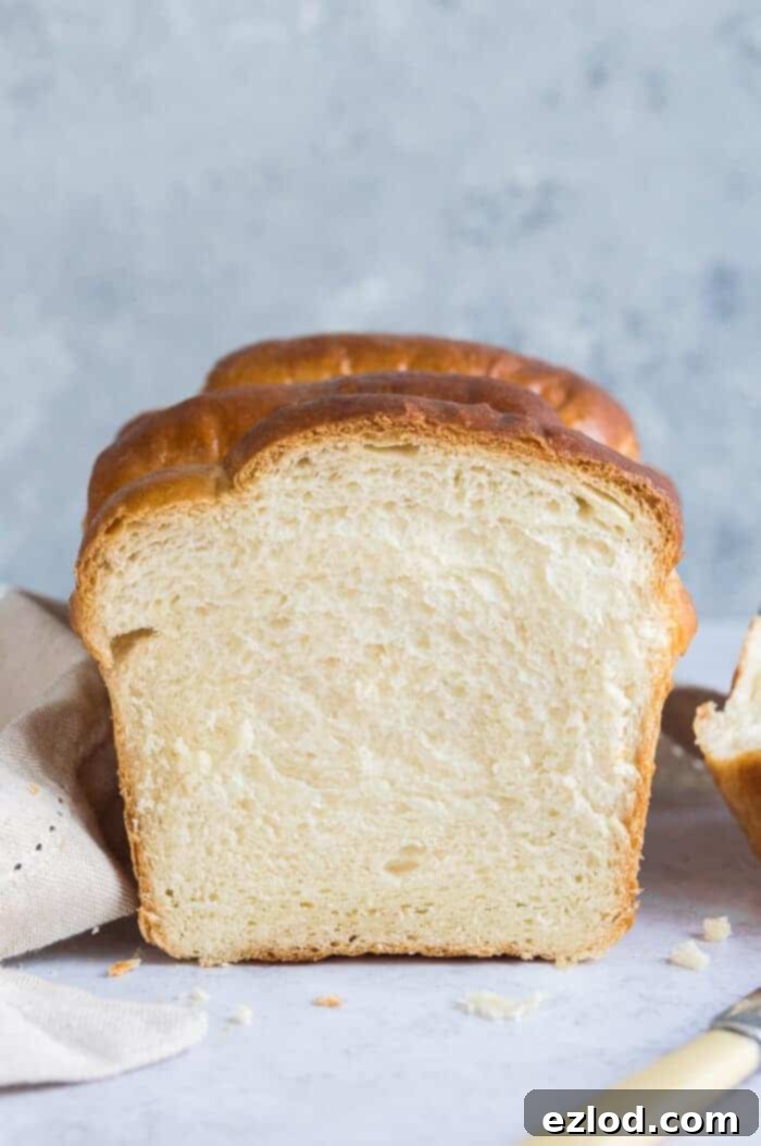 A perfectly sliced loaf of vegan Hokkaido milk bread on a grey background, ready for serving.