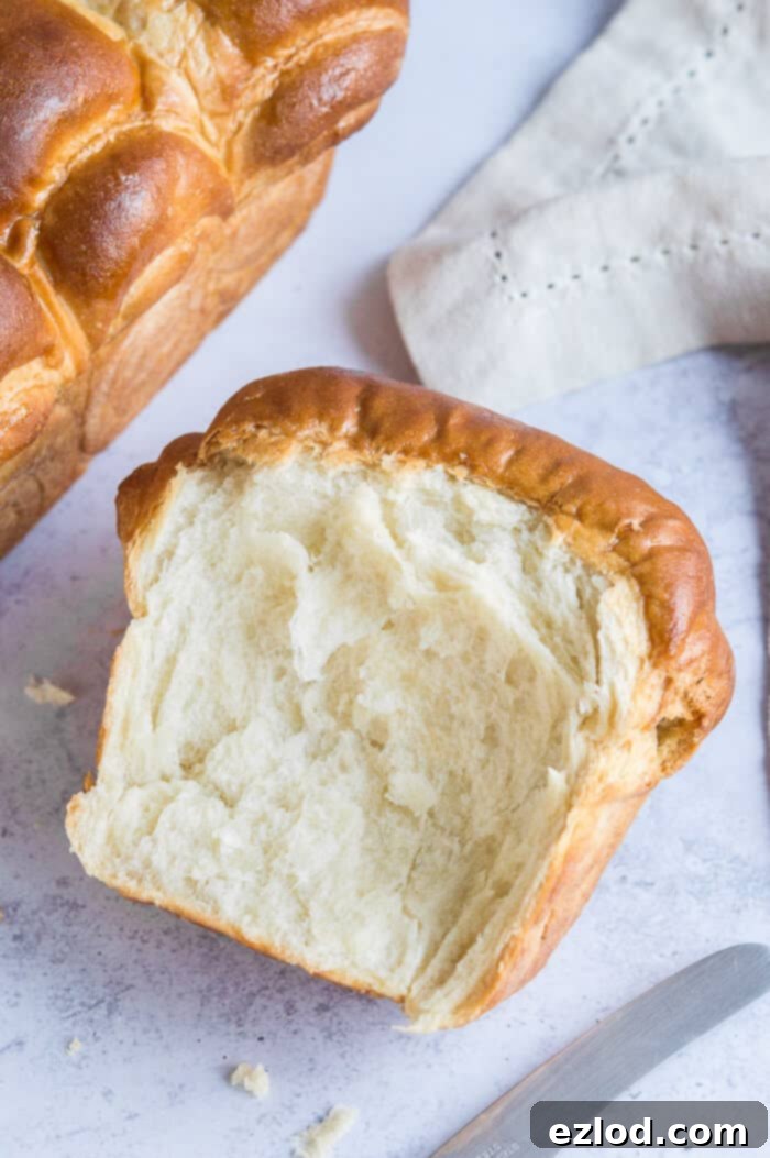 A large chunk of freshly torn vegan milk bread, showcasing its airy and tender texture, set against a grey background.
