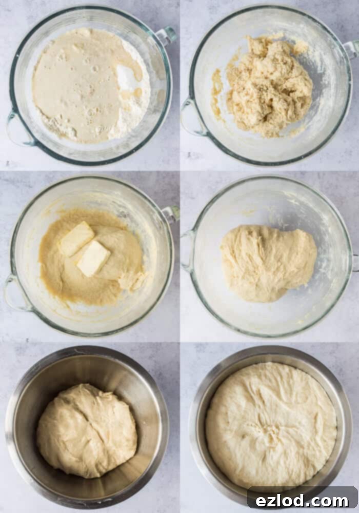 A visual collage showing the stages of dough making: tangzhong, yeast activation, initial dough mix, and final kneaded dough.
