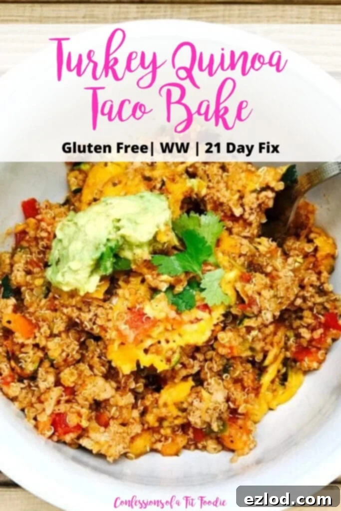 Close up photo of a bowl of taco bake topped with cilantro and avocado with pink and black text overlay- Turkey Quinoa Taco Bake | Gluten Free | WW | 21 Day Fix | Confessions of a Fit Foodie