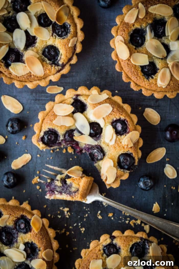 blueberry frangipane tarts on a metal background with a forkful removed.