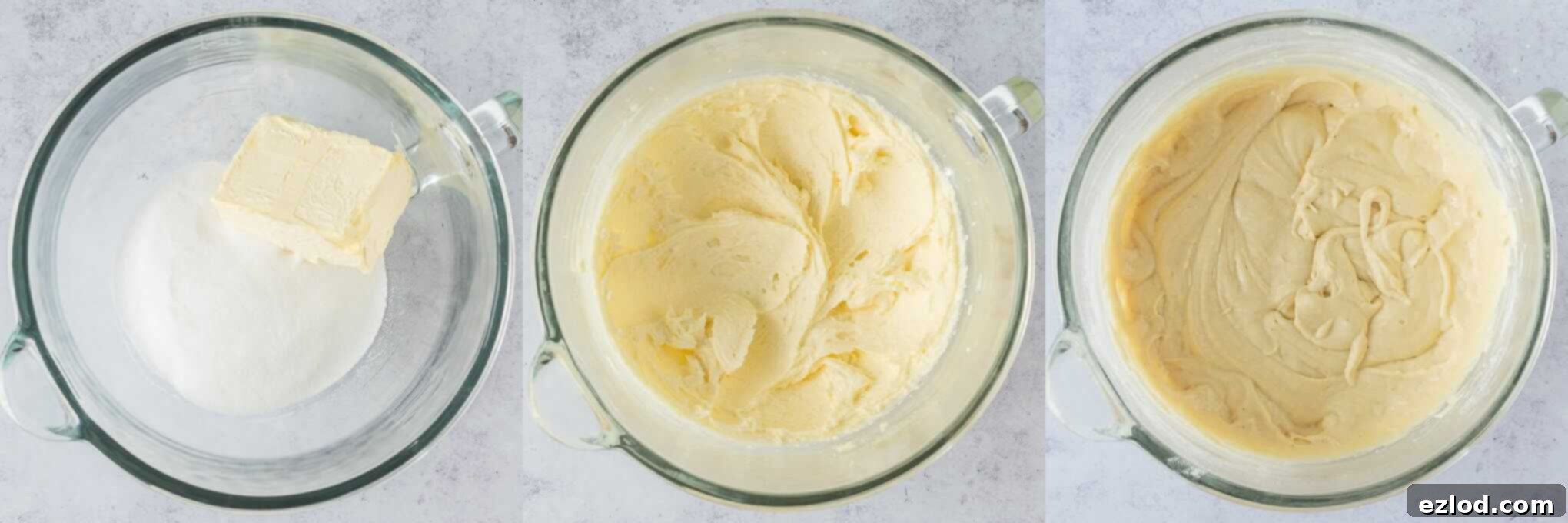 A step-by-step image showing the process of making the vegan Victoria sponge cake batter in a large mixing bowl, illustrating the smooth, light consistency of the mixture before baking.