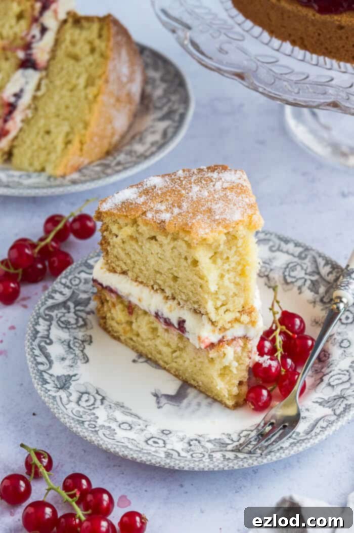 A close-up of a slice of vegan Victoria sandwich cake on a grey patterned plate, showing a forkful already removed from the fluffy layers of cake, jam, and buttercream, indicating its delightful texture.