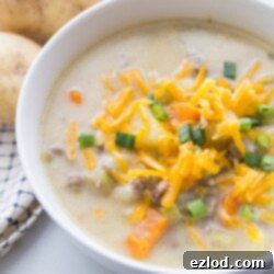 A finished bowl of healthy Instant Pot Cheeseburger Soup