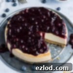 Vegan lemon blueberry cheesecake on a metal plate with blueberries.