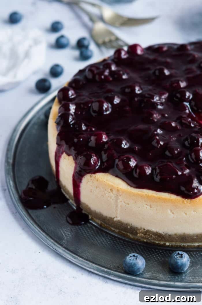 Close-up side view of a baked vegan lemon cheesecake topped with a glossy, vibrant blueberry compote, ready to be served.
