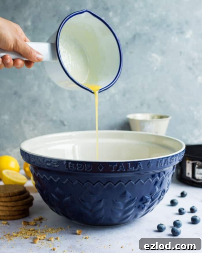 Pouring melted vegan block butter into a blue Tala mixing bowl with biscuit crumbs, to create a perfect cheesecake base.