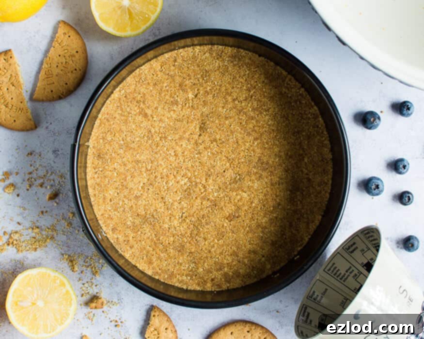 The perfectly golden and set vegan cheesecake biscuit base, freshly baked and cooled, ready for the creamy filling.