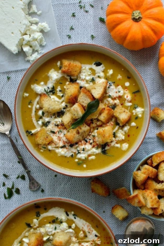 Velvet Pumpkin Soup with Feta, Garlic Croutons, and Fried Sage 80 featured 4280