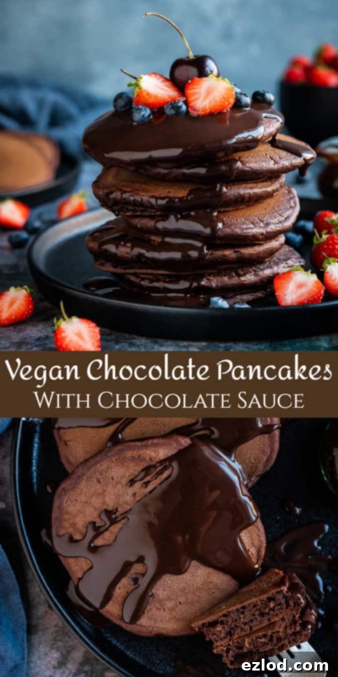 Fluffy vegan chocolate pancakes with chocolate sauce - these easy American style vegan pancakes are super soft and fluffy and very, very chocolatey! Perfect for an indulgent breakfast or brunch. Eggless and dairy-free. #veganbreakfast #veganpancakes #pancakes #breakfastrecipes #chocolate chocolate pancakes pinterest image