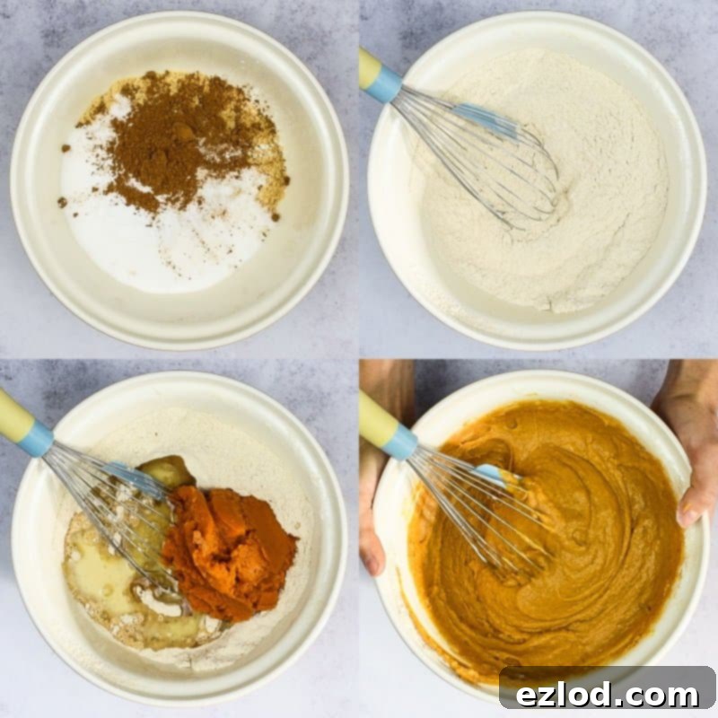 Mixing the One-Bowl Vegan Pumpkin Bread Batter Step-by-step image showing the beautifully mixed vegan pumpkin bread batter in a large mixing bowl, ready for baking.