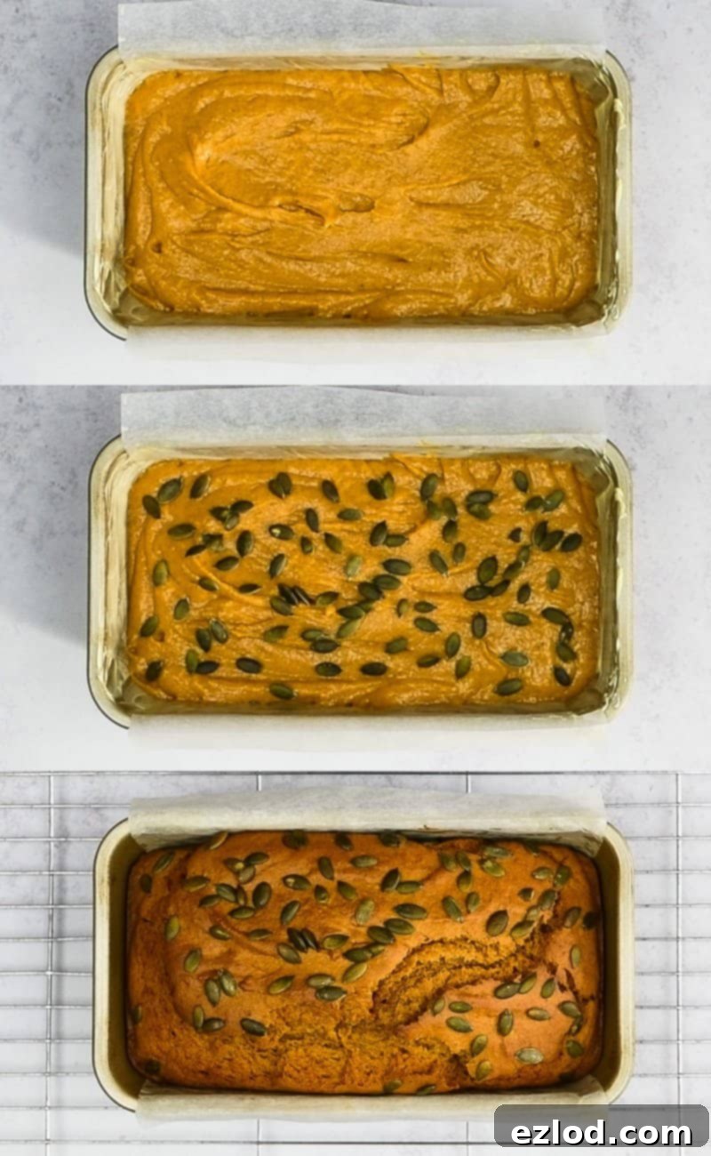 Vegan Pumpkin Bread Baking to a Golden Perfection Step-by-step image of the vegan pumpkin bread baking in the oven, showing a beautiful golden-brown crust.