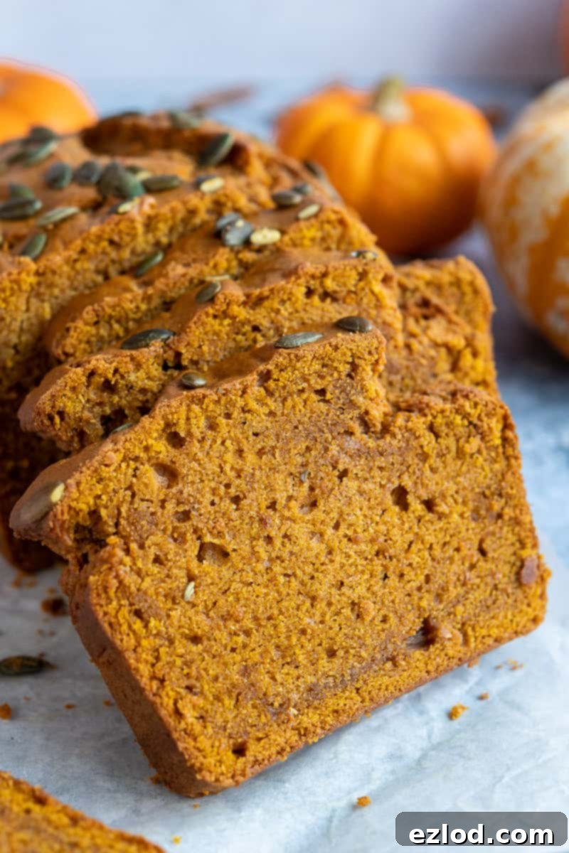More Vegan Pumpkin Delights A beautiful close-up of several slices of the moist and warmly spiced vegan pumpkin loaf cake, highlighting its delightful texture.