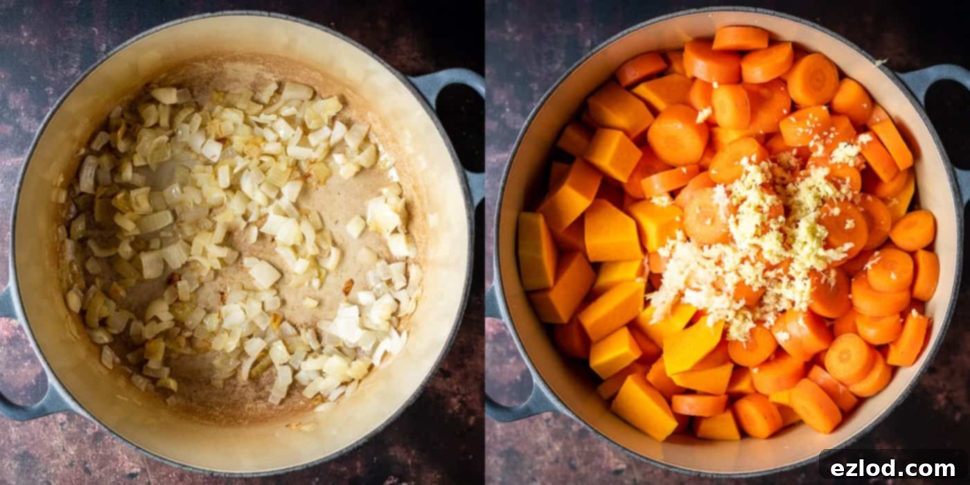 Soul-Warming Spiced Carrot and Pumpkin Soup 2 Step-by-step image showing chopped onions, pumpkin, carrots, garlic, and ginger being sautéed in a pan with olive oil.