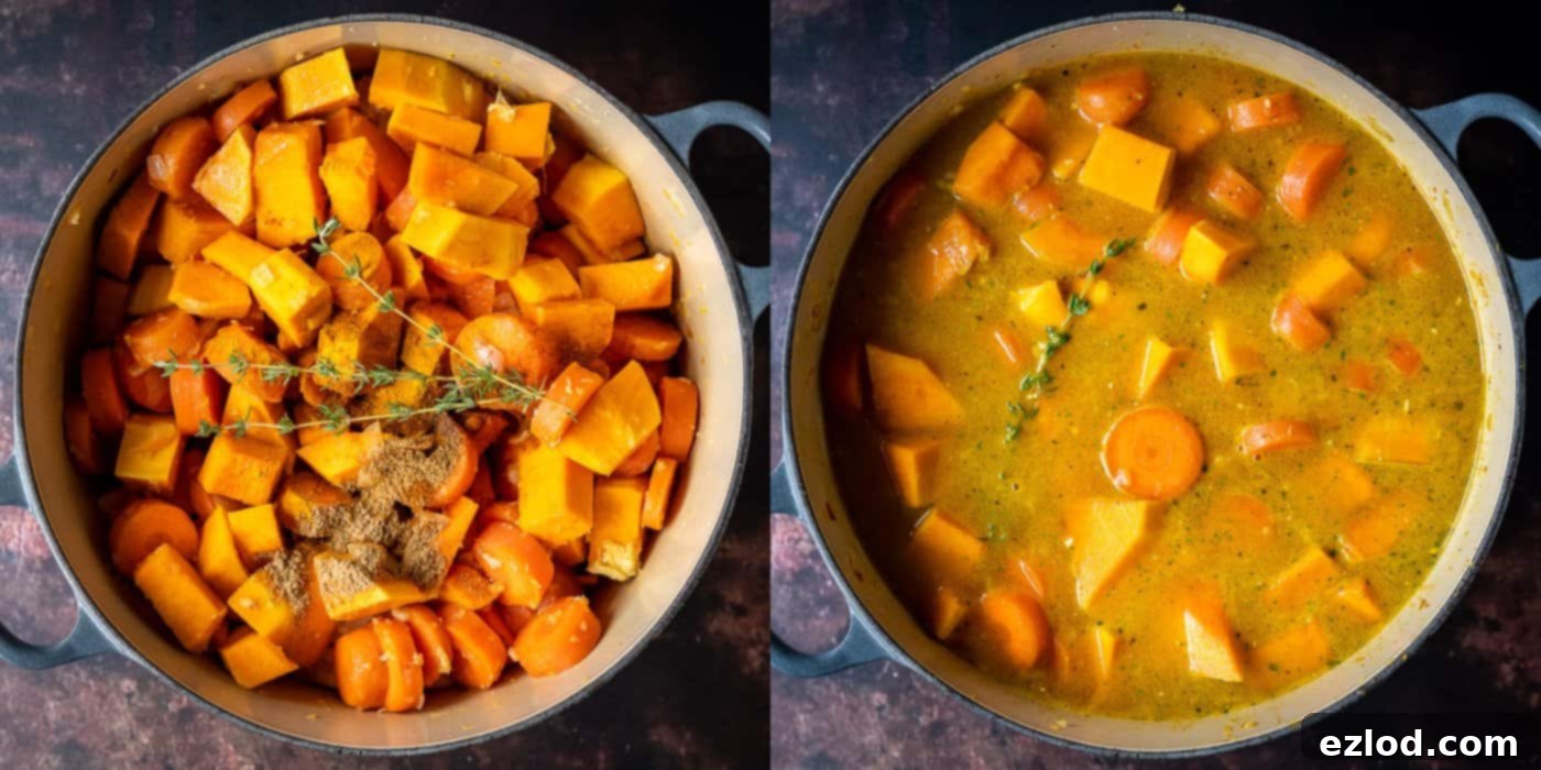 Soul-Warming Spiced Carrot and Pumpkin Soup 3 Step-by-step image showing spices and vegetable stock being added to sautéed vegetables in a pan.