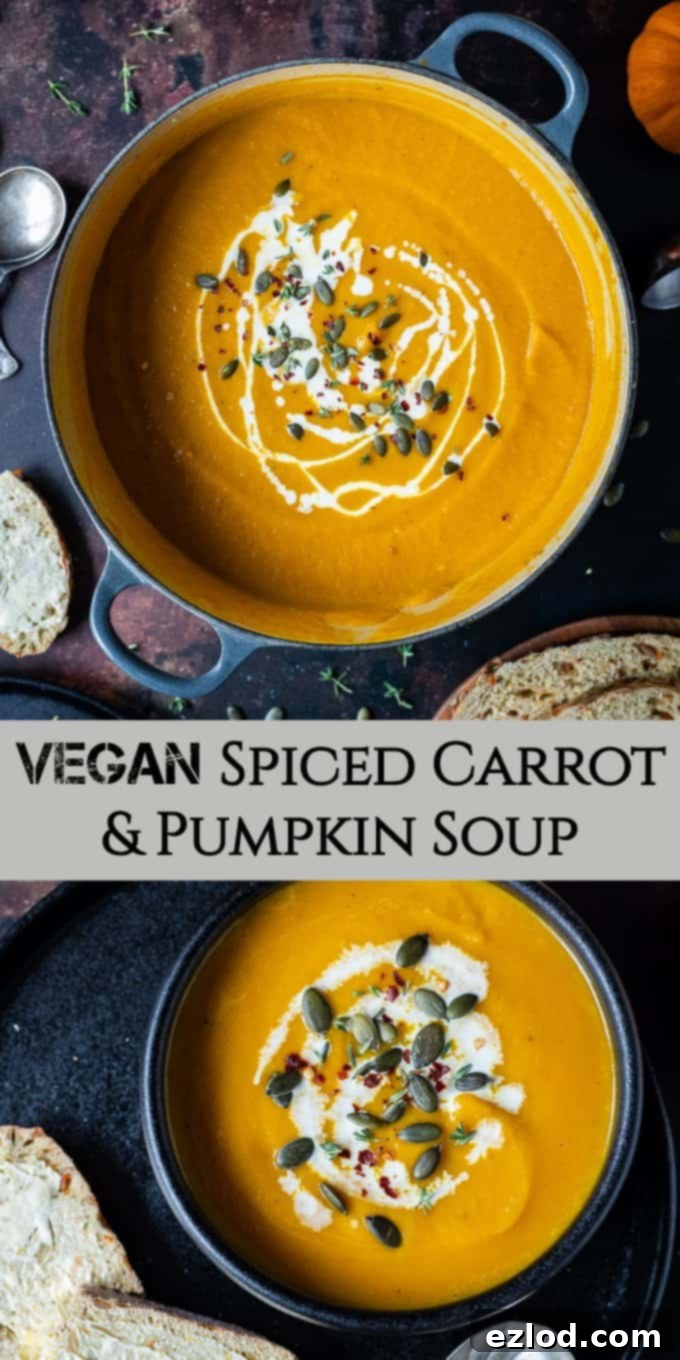 Vegan Spiced Carrot and Pumpkin Soup Pinterest Pinterest image for vegan spiced carrot and pumpkin soup, featuring a rustic bowl of soup with garnishes and autumn decor.