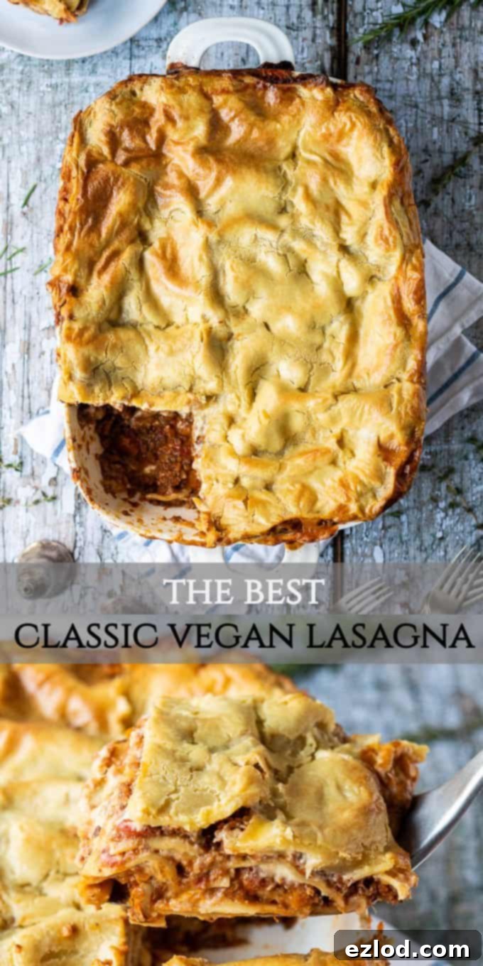 Classic vegan lasagne - this vegan lasagna is seriously good! A rich mushroom ragu is layered up with a creamy dairy-free bechamel sauce and sheets of pasta. It is hearty, filling, totally delicious and healthy too! #lasagna #veganmeals #veganlasagna #plantbased #dairyfree #meatfree classic vegan lasagne pinterest image