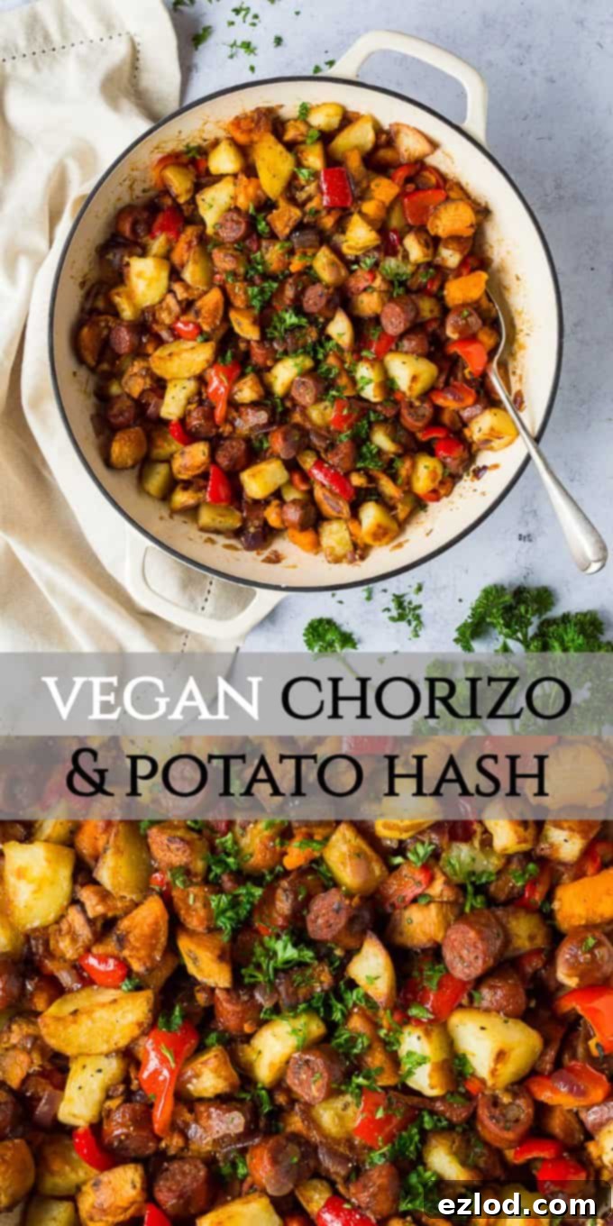 Pin this vegan chorizo and potato hash recipe for your next plant-based meal! #potatohash #veganrecipe #meatlessmeal #healthyish Pinterest image: A beautiful overhead shot of a pan of vegan chorizo and potato hash, styled with fresh herbs, ideal for sharing on social media platforms.