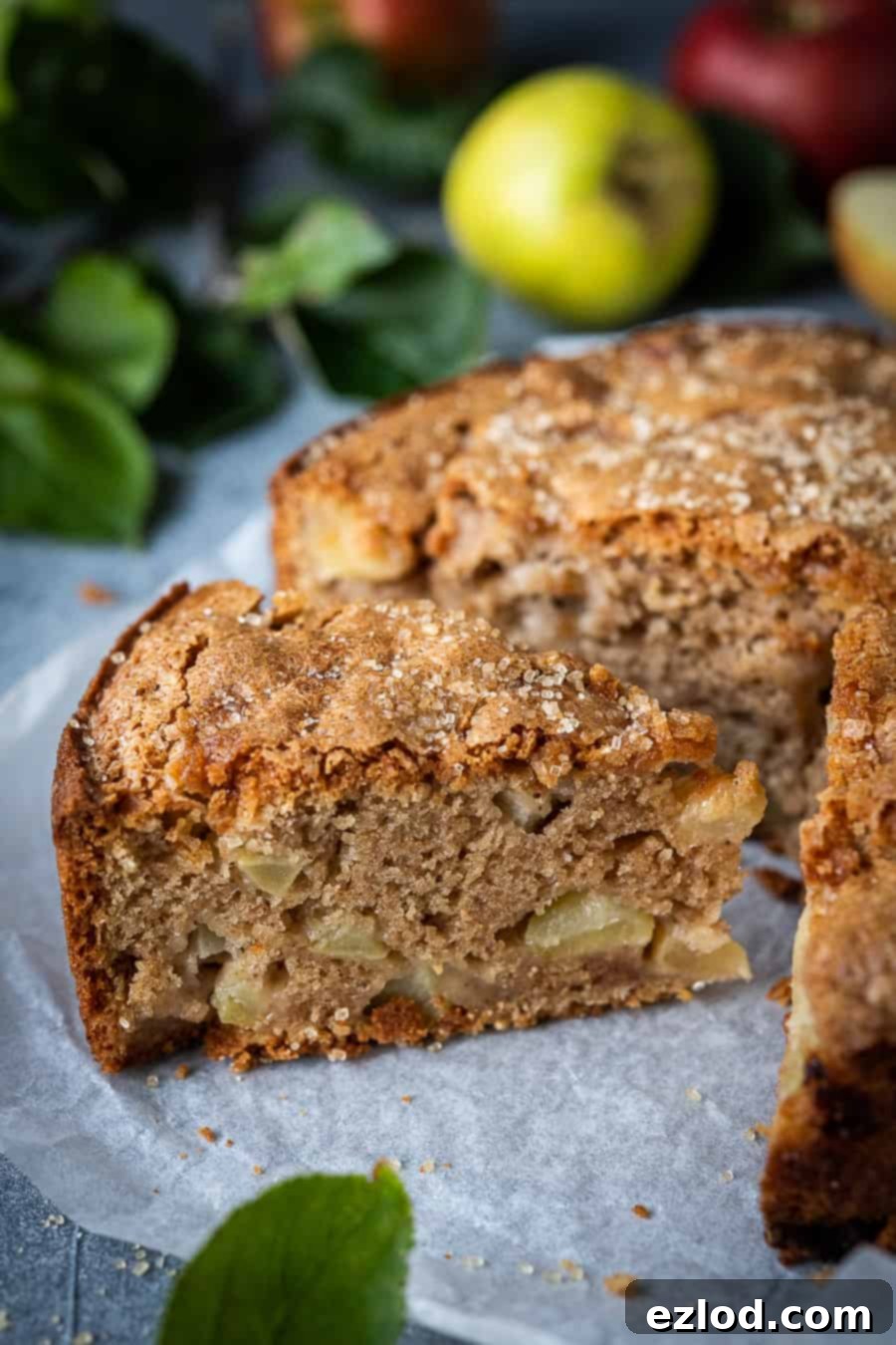 A close-up view of a perfectly sliced vegan apple cake, revealing its moist crumb and generous apple chunks, with fresh apples and apple tree leaves blurred in the background.