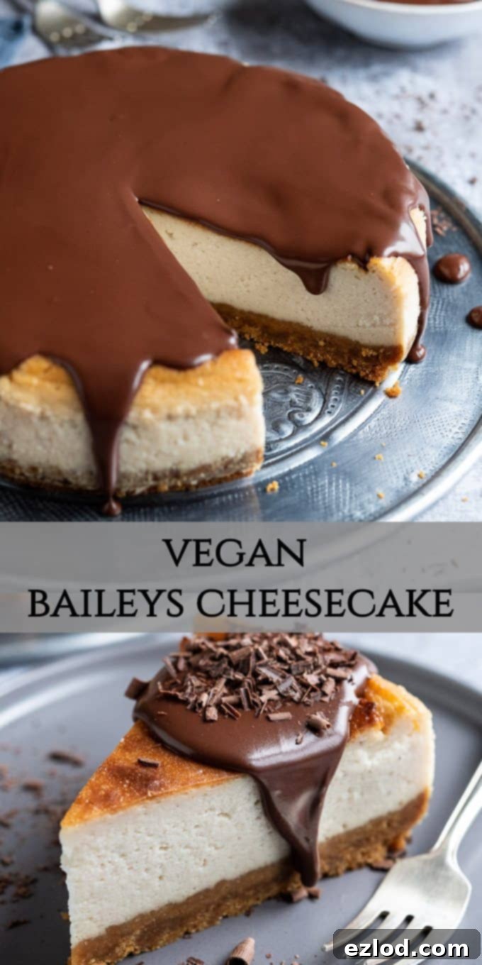 Pin this delicious Vegan Baileys Cheesecake: a rich, creamy, dairy-free dessert perfect for any celebration! A vibrant Pinterest-ready image featuring the elegant Vegan Baileys Cheesecake, lavishly topped with chocolate ganache, set against a grey background, perfect for sharing on social media.
