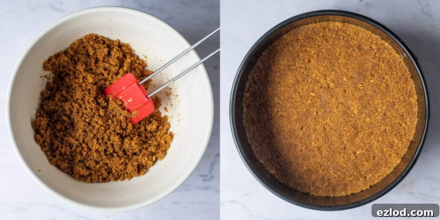 Step 1: Expertly preparing the crisp and flavorful biscuit base for your Vegan Baileys Cheesecake. Step-by-step image showing crushed vegan biscuits mixed with melted vegan butter, pressed into a springform tin to create the cheesecake base.