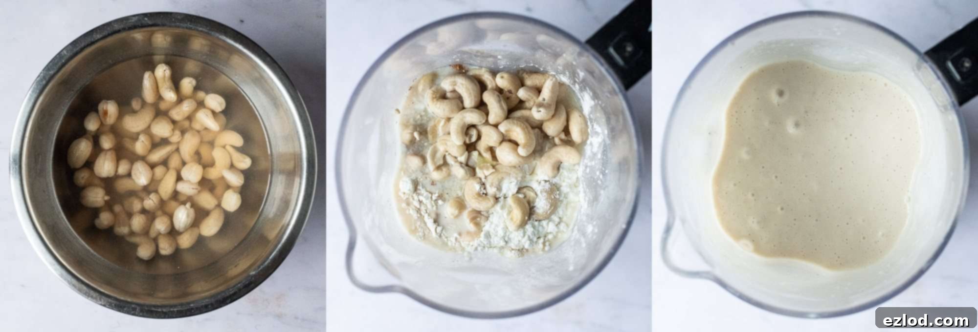 Step 2: Blending the luxurious and smooth filling for your dairy-free Baileys Cheesecake. Step-by-step image showing all filling ingredients including silken tofu, cashews, Baileys Almande, and coconut cream blended together in a food processor.