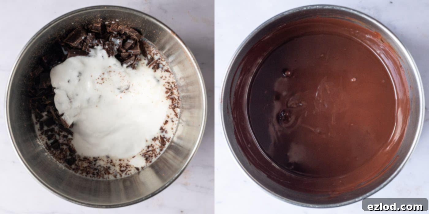Step 6: Preparing the luscious Baileys chocolate ganache to top your vegan cheesecake. Step-by-step image demonstrating the creation of a rich chocolate ganache: chopped dark chocolate, Baileys Almande, and coconut cream melting in a heatproof bowl over simmering water.