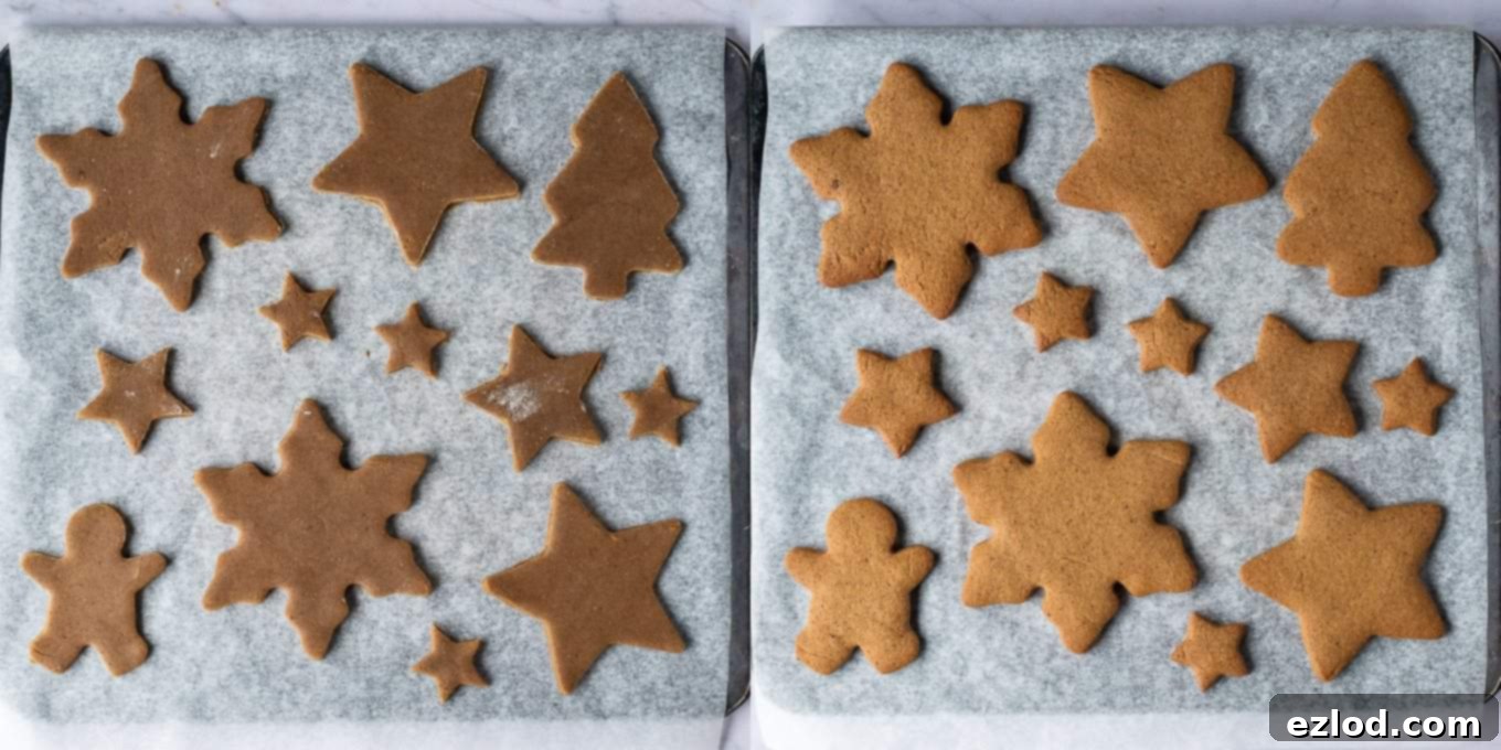 Festive Vegan Gingerbread Cookies 7 Vegan gingerbread cookies baking in the oven on a baking sheet.